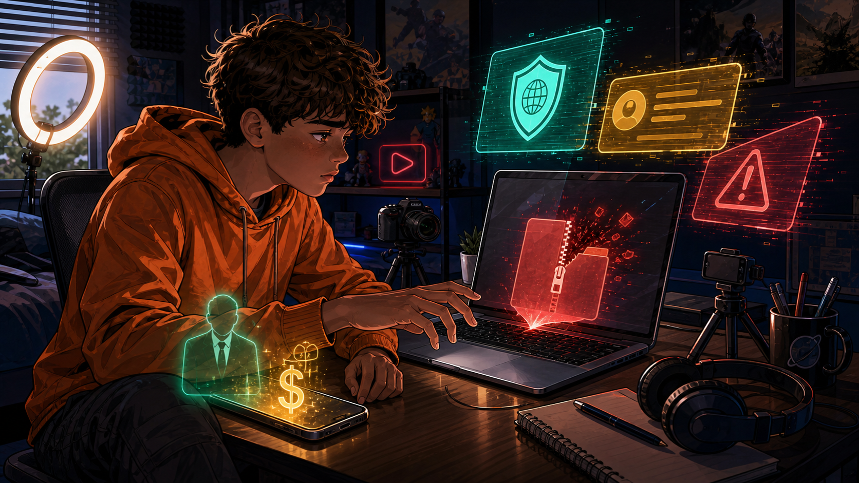 The Brand Deal Contract story illustration: Kai at a laptop with a suspicious file