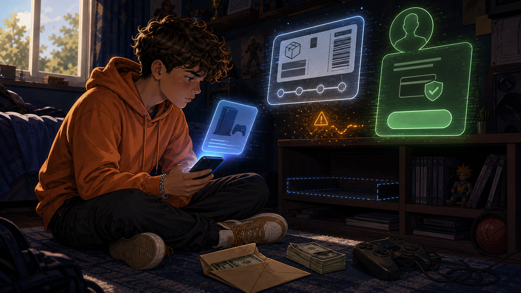 The Too-Cheap Console story illustration: Kai checks a console listing