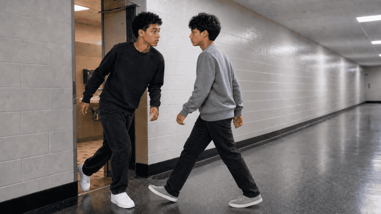 Jay rushing out of the gym bathroom into Kai in the school corridor